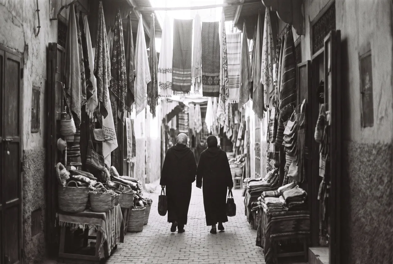 Stimmungsbild: eine Marktgasse mit Stoffen